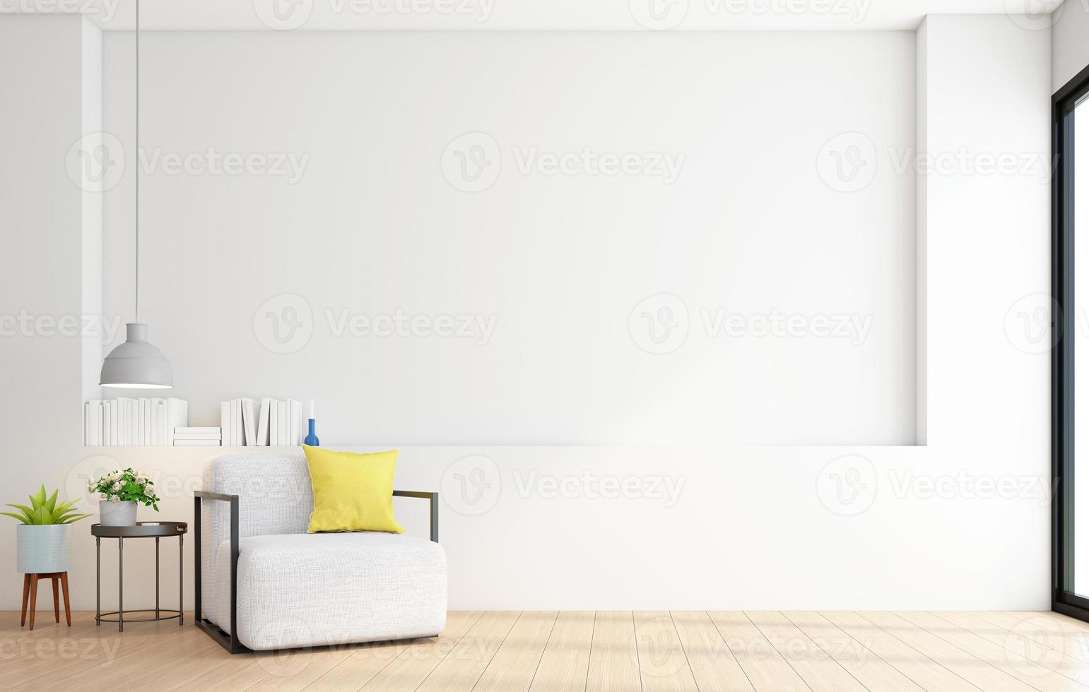 minimalista vuoto camera con poltrona e lato tavolo. bianca parete e legna pavimento. 3d interpretazione foto
