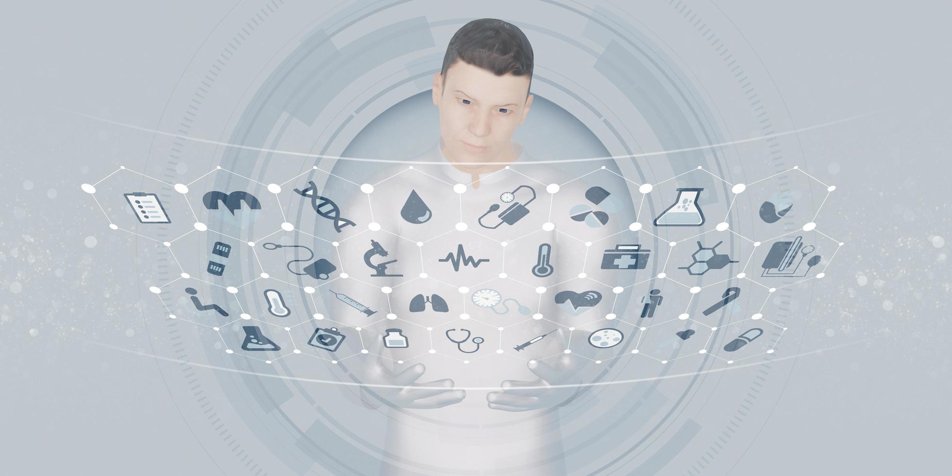 l'ologramma del medico e del trattamento mostra l'innovazione e la tecnologia della rete sanitaria 3d illustrazione foto