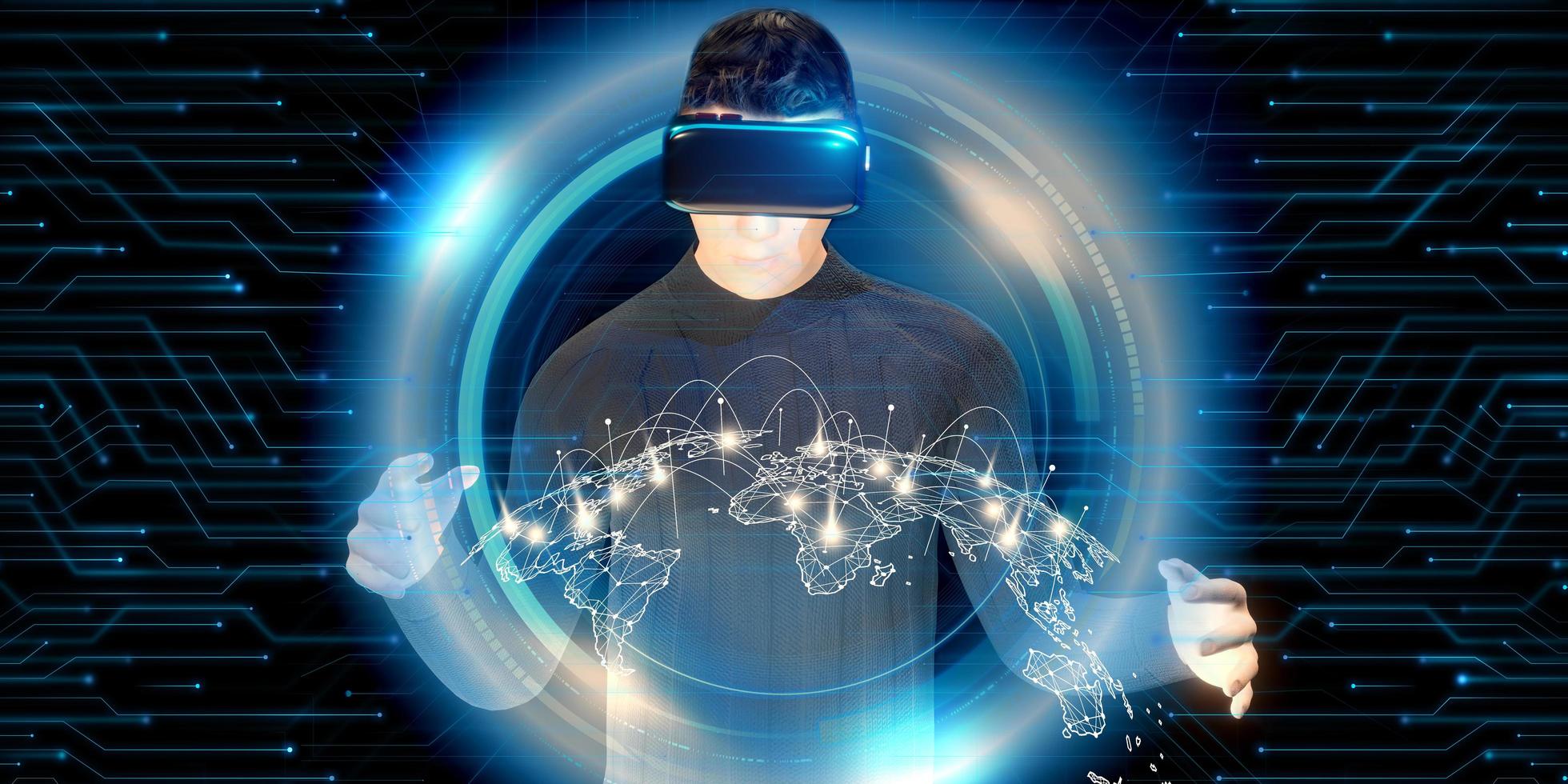 uomo che usa gli occhiali vr e guarda la mappa del mondo tecnologia metaverse concetto di navigazione tecnologia di realtà virtuale illustrazione 3d foto