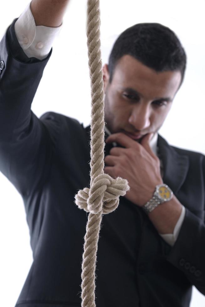 attività commerciale uomo con corda isolato su bianca sfondo foto