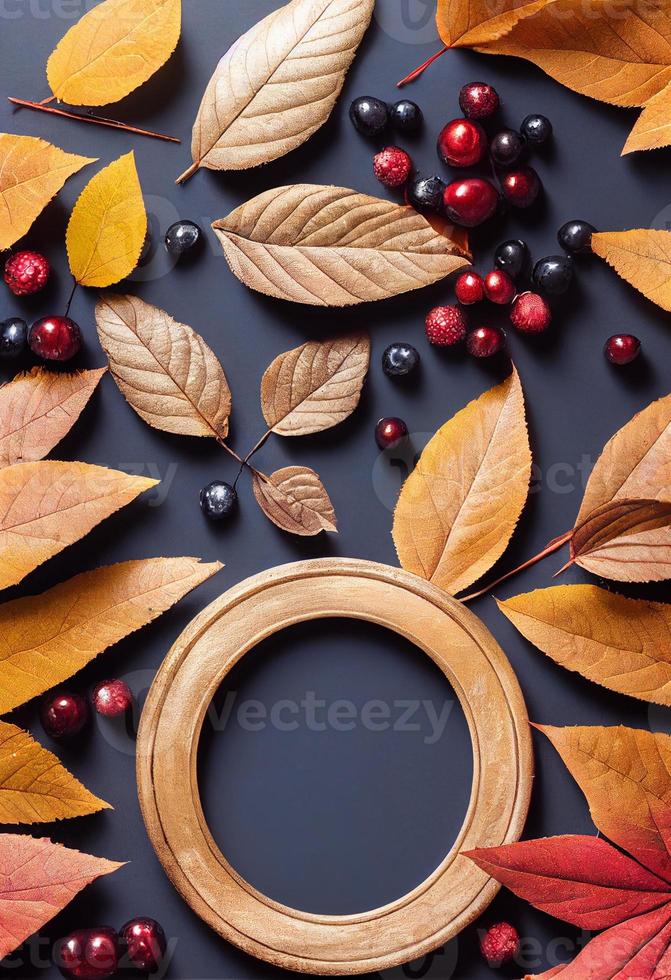 autunno tema foto telaio finto su immagine circondato di le foglie e frutti di bosco