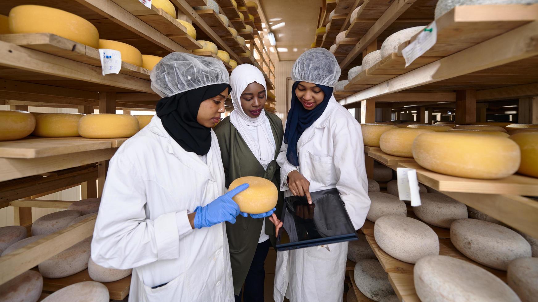 attività commerciale donna squadra nel Locale formaggio produzione azienda foto