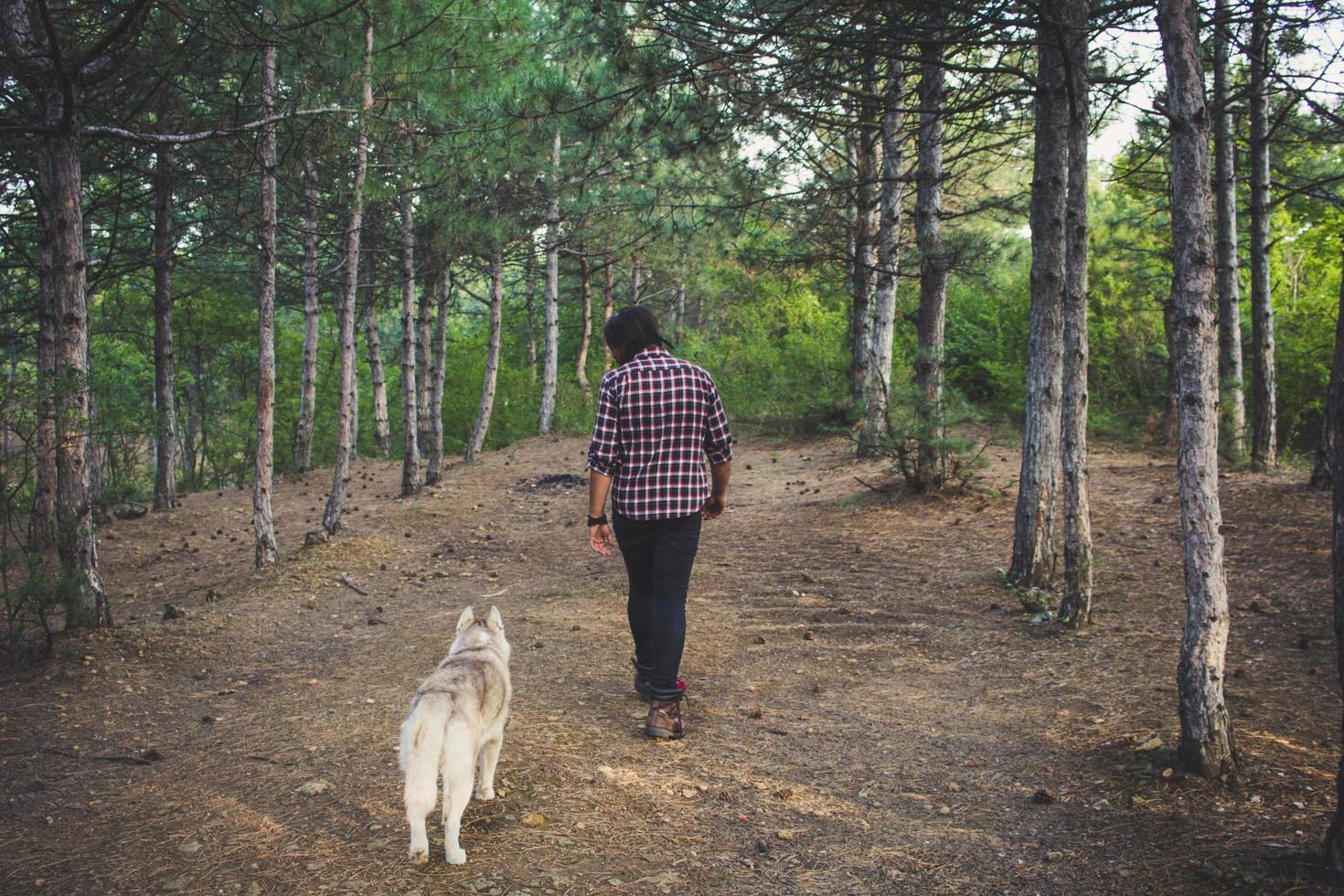 giovane viaggiatore maschio con cane husky foto