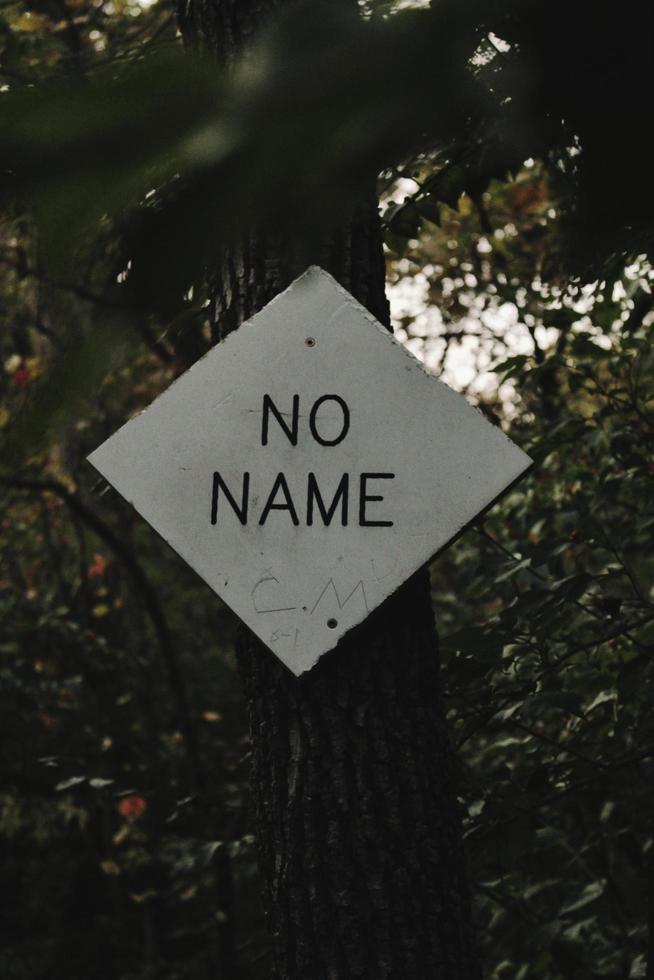 nessun segno di nome che pende dall'albero foto