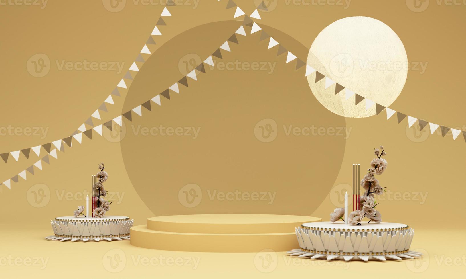 loy Krathong Festival Tailandia. Banana foglia Materiale e rosa loto design con pieno Luna con podio su Tailandia tempio e Casa a notte fiume oro sfondo. 3d interpretazione illustrazione foto