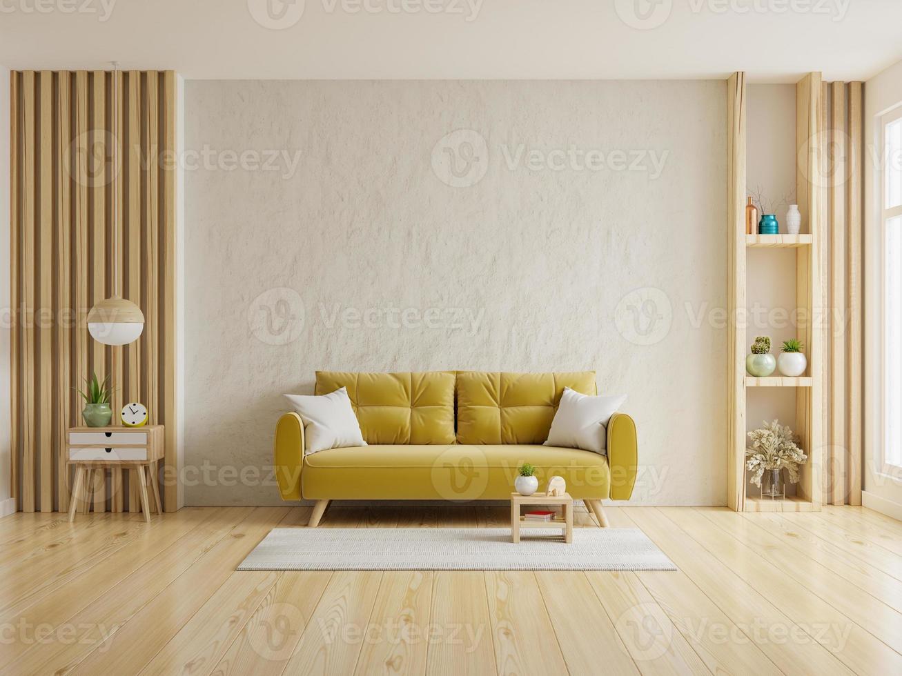 bianca gesso parete nel vivente camera avere giallo divano e decorazione minimo. 3d illustrazione interpretazione foto