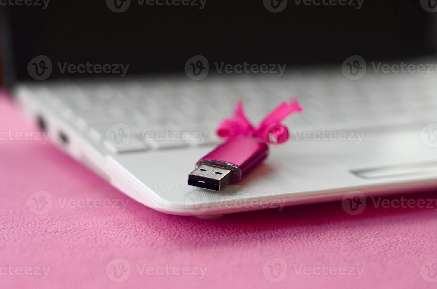 brillante rosa USB veloce memoria carta con un' rosa arco bugie su un' coperta di morbido e peloso leggero rosa vello tessuto accanto per un' bianca il computer portatile. classico femmina regalo design per un' memoria carta foto