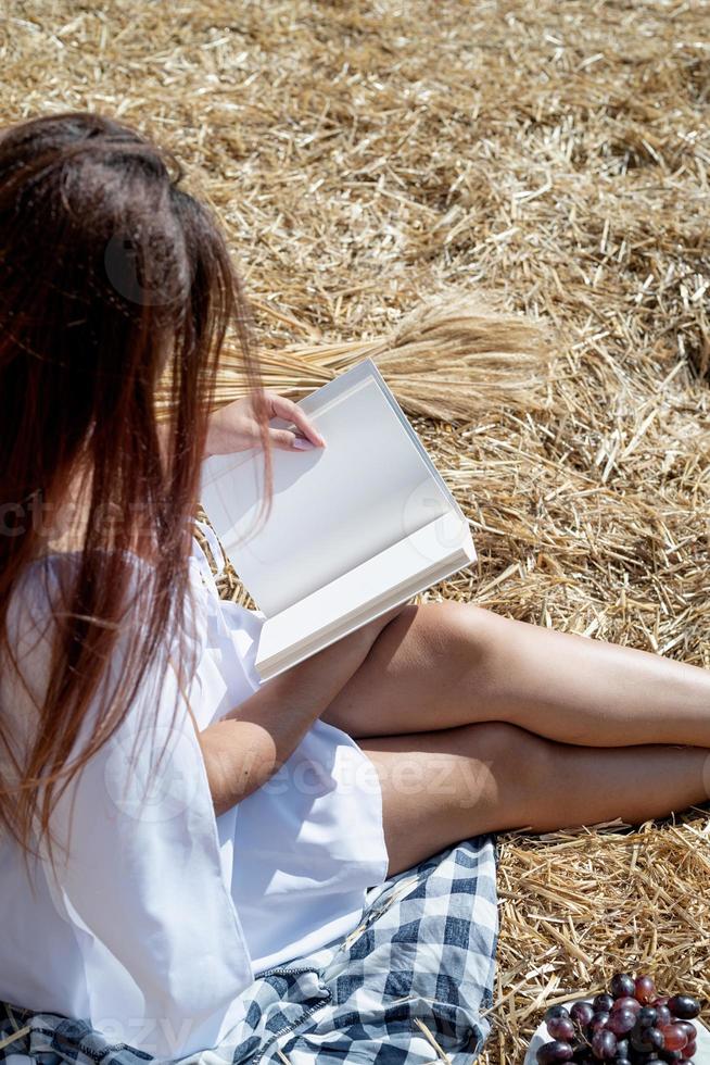 giovane donna nel bianca vestito seduta su pagliaio nel raccolto campo, lettura vuoto libro. libro modello foto