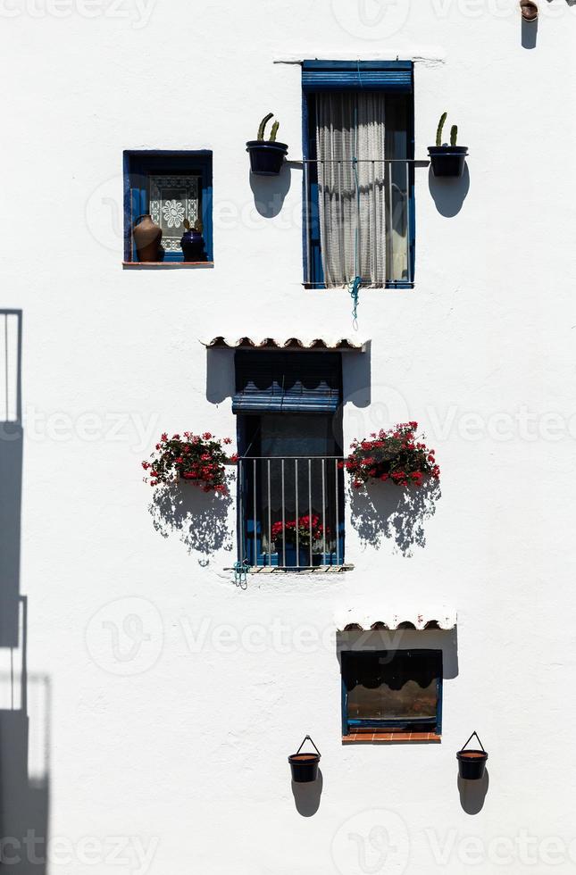 finestre decorato con fiori su il parete di un' bianca facciata. verticale Immagine. foto