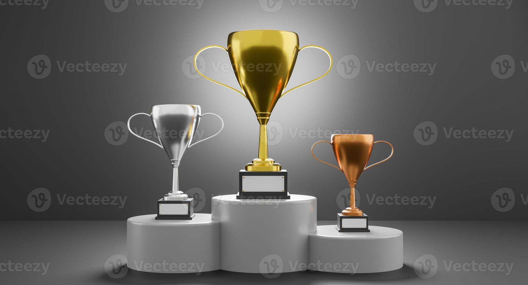vincitori podio con tazze. oro, d'argento, e bronzo su buio sfondo. trofei con In piedi. 3d resa. foto