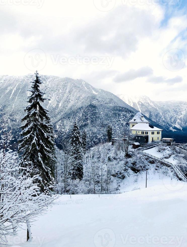 Hallstatt il trekking inverno nevicando nel il montagna paesaggio e il pino foresta verticale nel altopiano valle Hallstatt, Austria foto