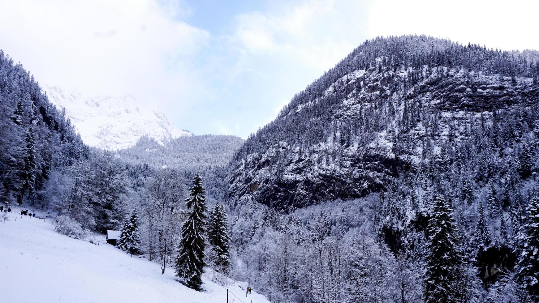 passerella escursioni a piedi epico montagna all'aperto avventura per il vecchio sale il mio di Hallstatt passaggio il pino foresta e inverno neve montagna paesaggio foto