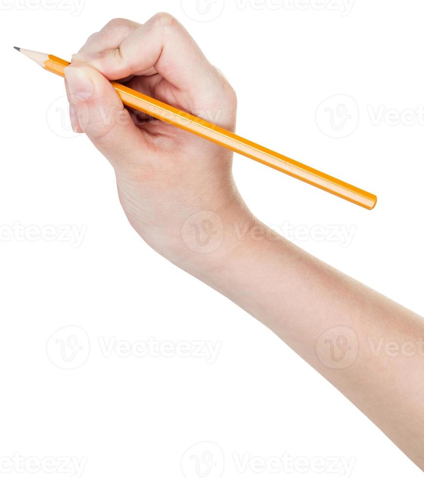 mano scrive di condurre matita isolato su bianca foto