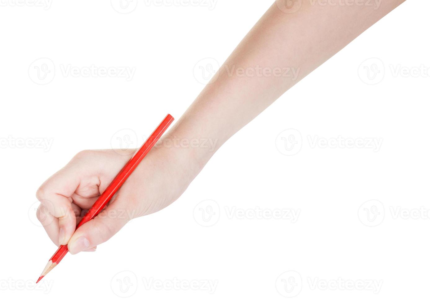 mano bozze di rosso matita isolato su bianca foto