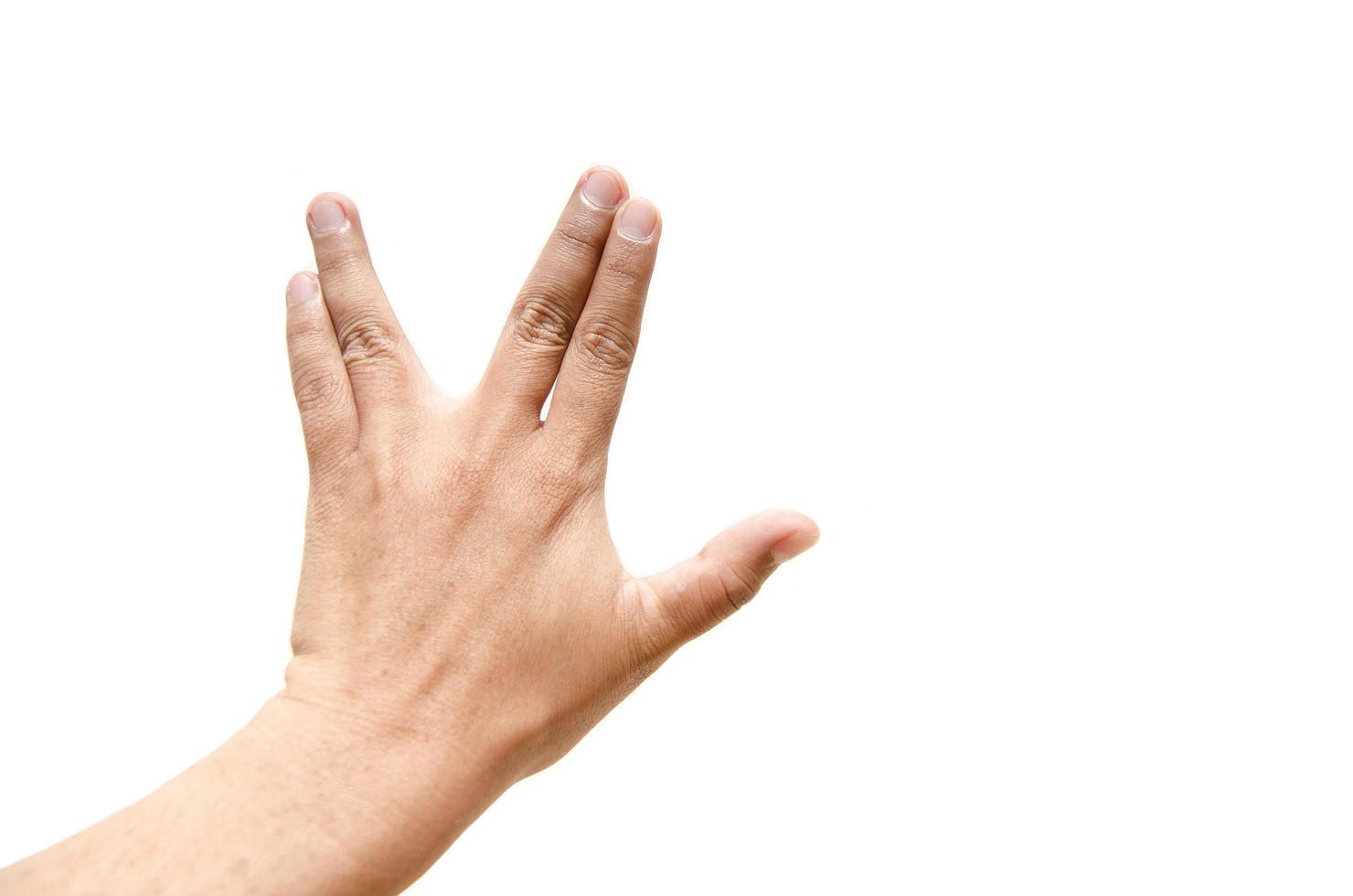 mano palma quale dita scissione gesto su sinistra mano isolato su bianca sfondo. foto