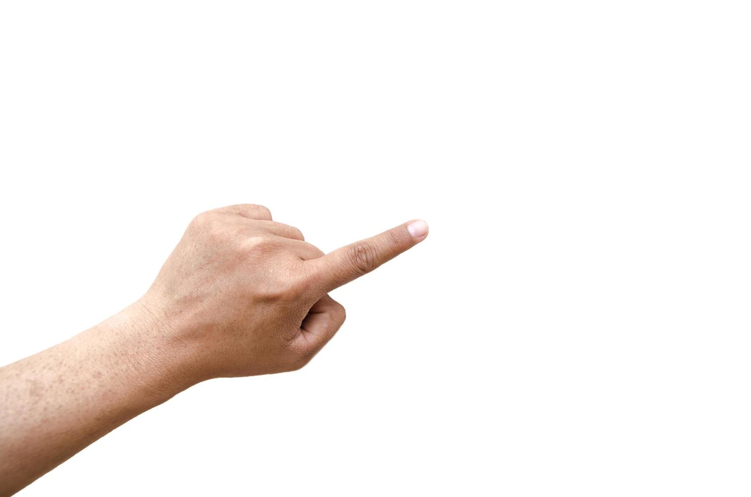 indice dito puntamento obliquo linea gesto su sinistra mano isolato su bianca sfondo. foto