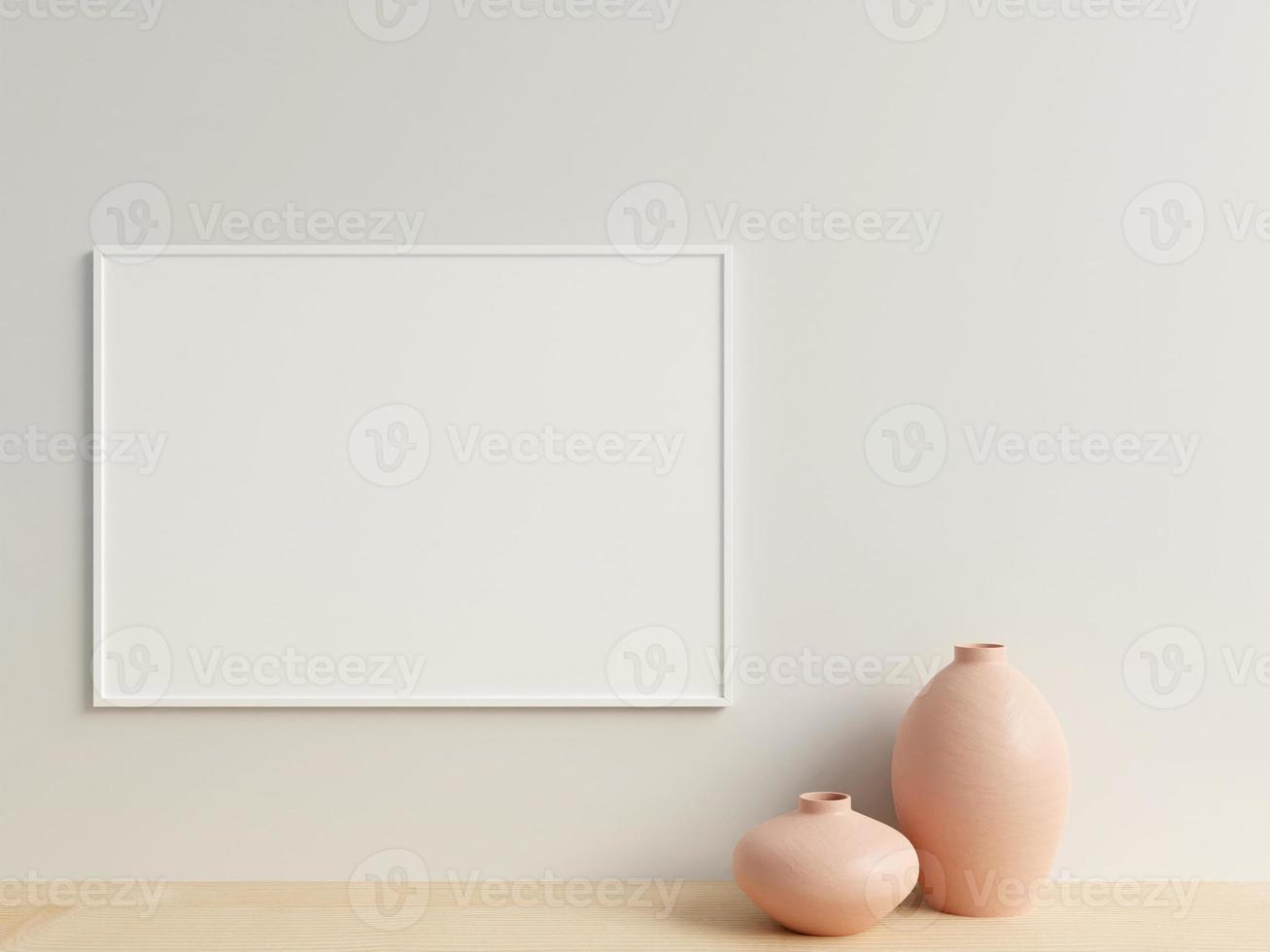 pulito e minimalista davanti Visualizza orizzontale bianca foto o manifesto telaio modello sospeso su il parete con vaso. 3d resa.