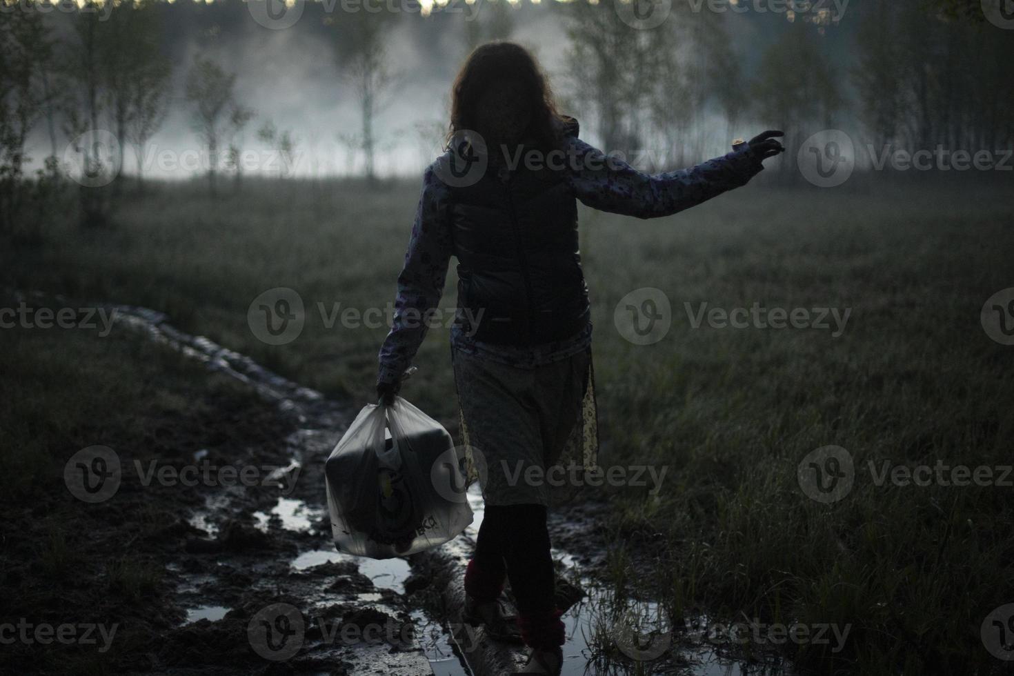 ragazza passeggiate nel nebbia nel mattina. riposo nel selvaggio. nebbia nel pantano. foto