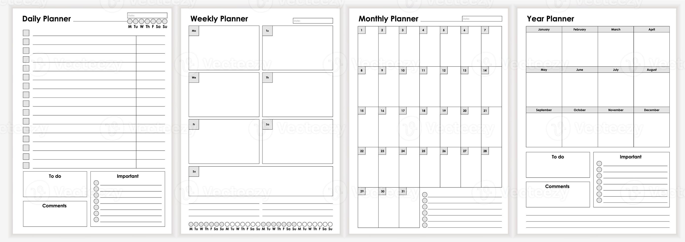 raccolta di vita minimalista e fogli di business planner illustrazione grafica vettoriale. modello di pianificatori giornalieri, settimanali, mensili, annuali. pagina vuota del taccuino in bianco isolata su bianco foto