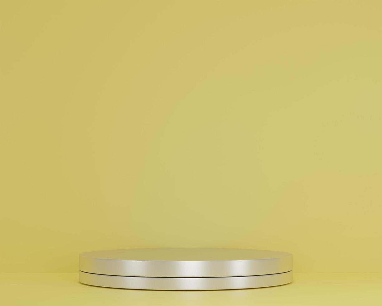 Scena di rendering 3D con composizione podio cilindro d'argento vuoto per sfondo astratto di presentazione del prodotto cosmetico. forma geometrica mockup in colori pastello gialli. spazio vuoto dal design minimale foto