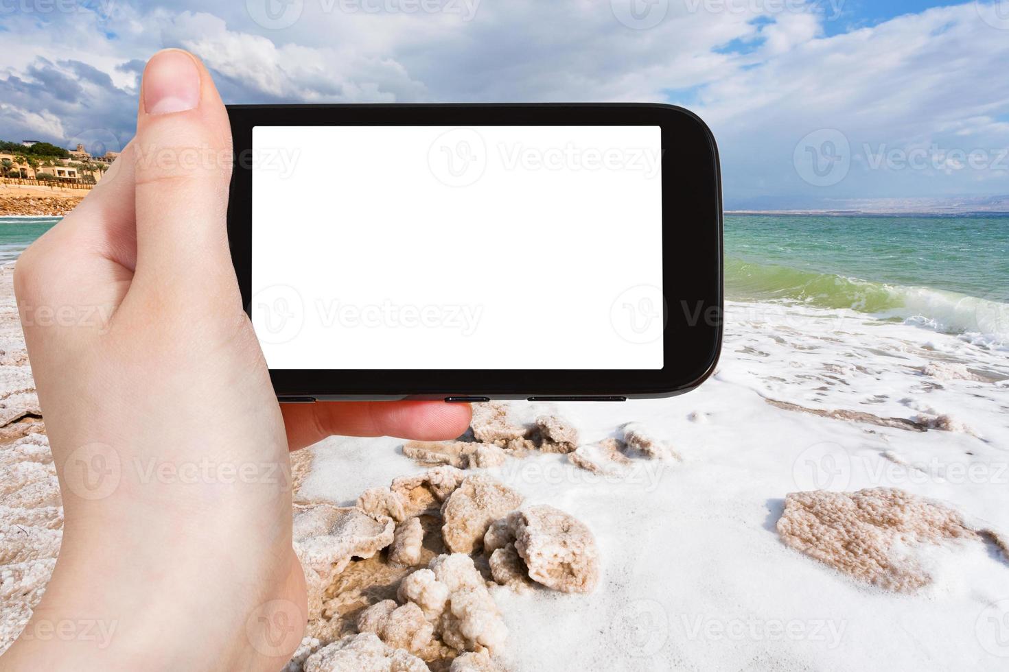 turista fotografie sale costa di morto mare