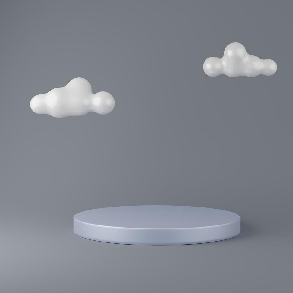 Progettazione 3d del podio del cilindro d'argento con piattaforme nuvolose bianche foto