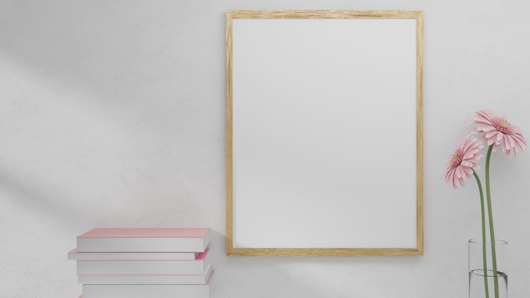 mockup di cornice con libri e fiori rosa foto