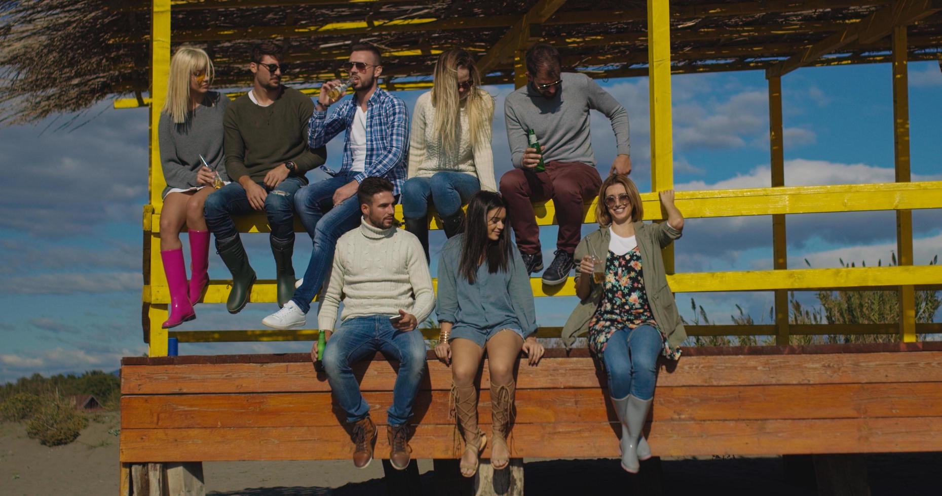 gruppo di amici avendo divertimento su autunno giorno a spiaggia foto