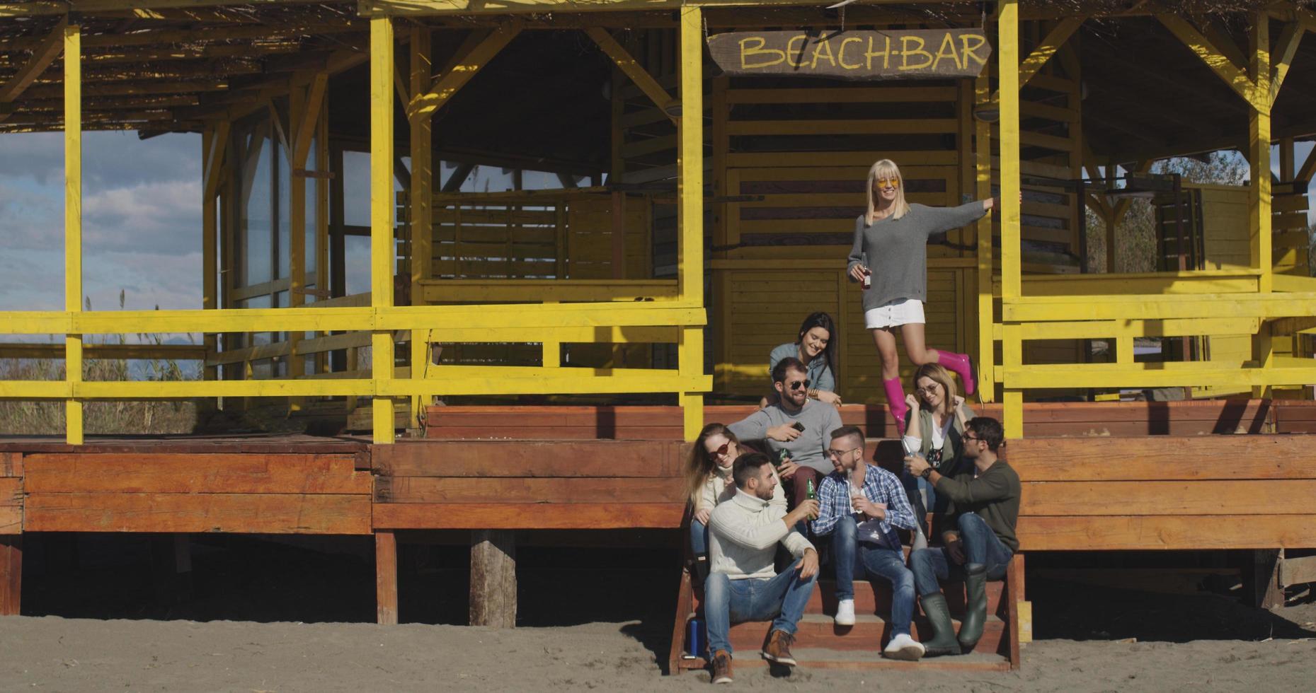 gruppo di amici avendo divertimento su autunno giorno a spiaggia foto