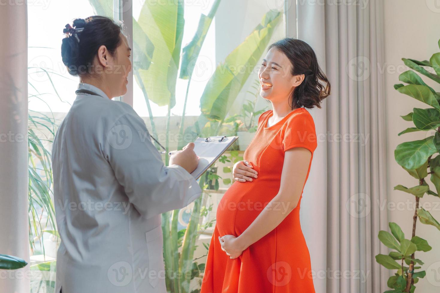 contento incinta donna consultazione con medico vicino finestra foto