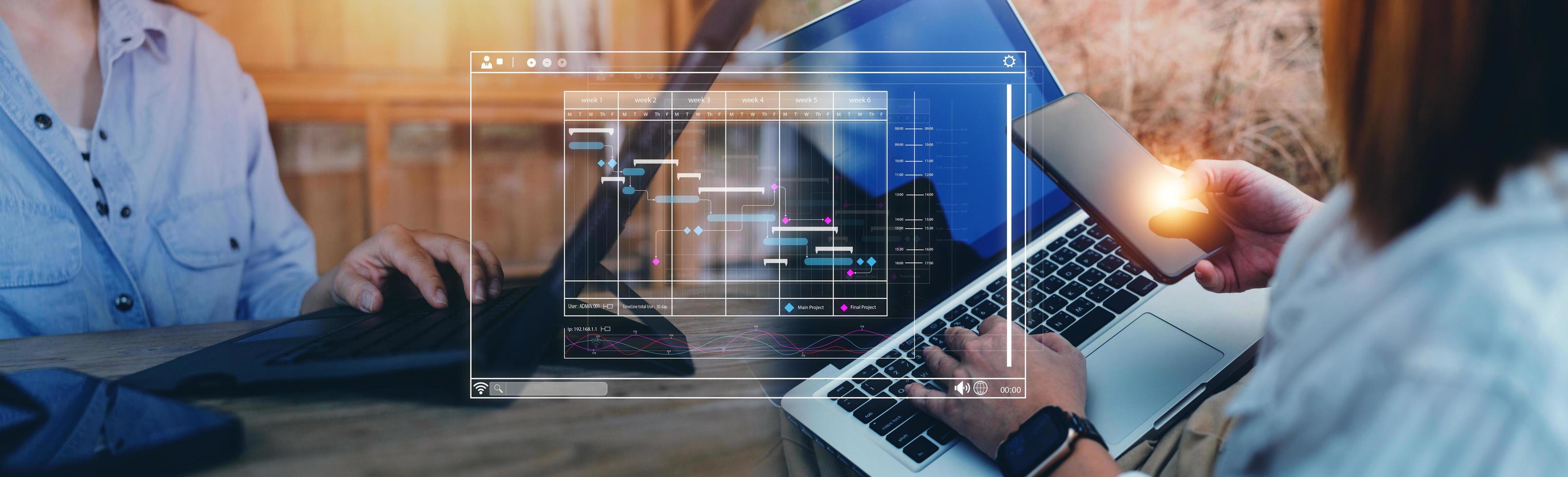 analista Lavorando con computer nel attività commerciale analitica e dati gestione sistema per rendere rapporto con kpi e metrica collegato per Banca dati. aziendale strategia per finanza, operazioni, i saldi, marketing. foto