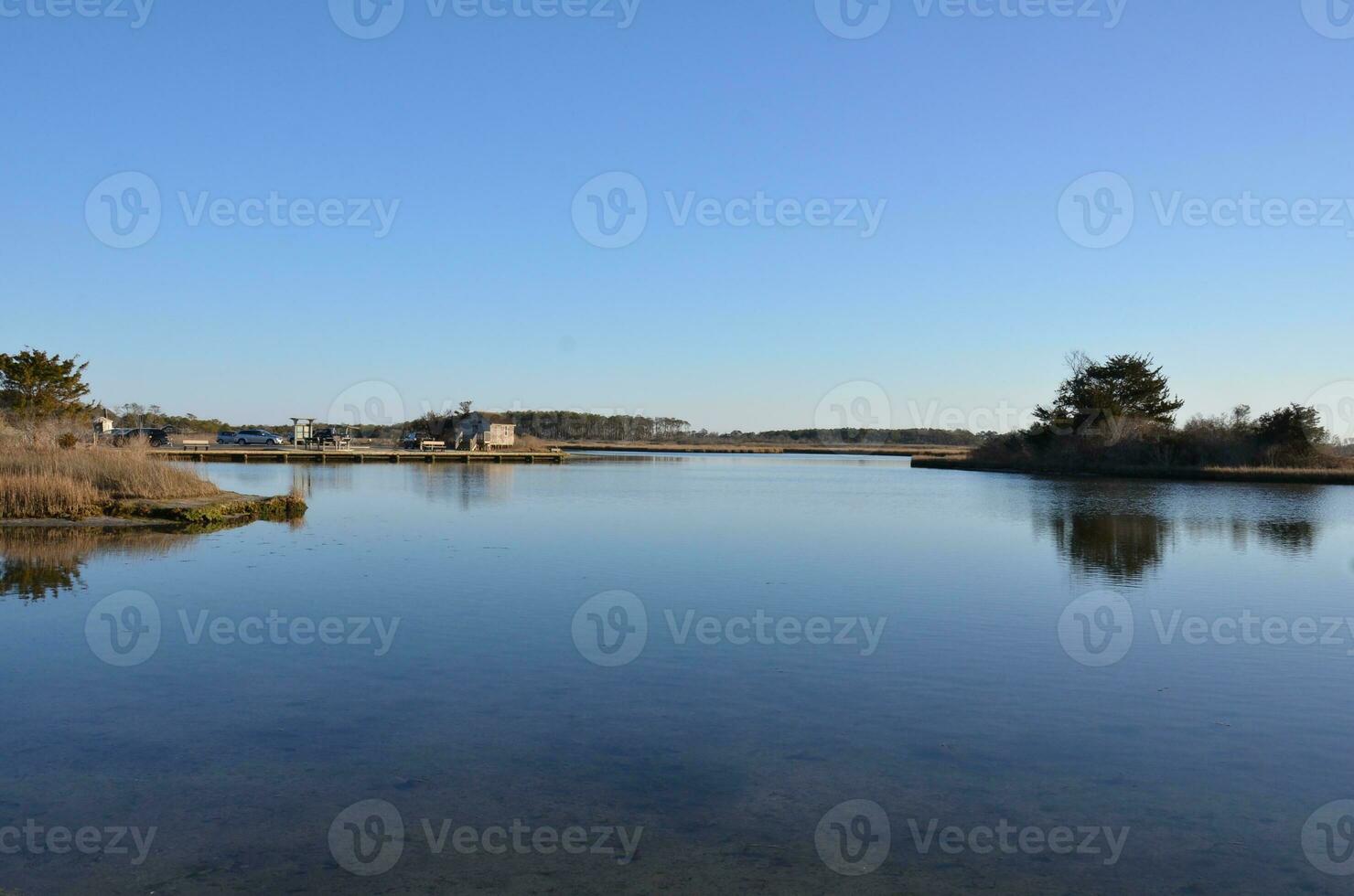 un' lago o fiume con Marrone erbe e riva foto