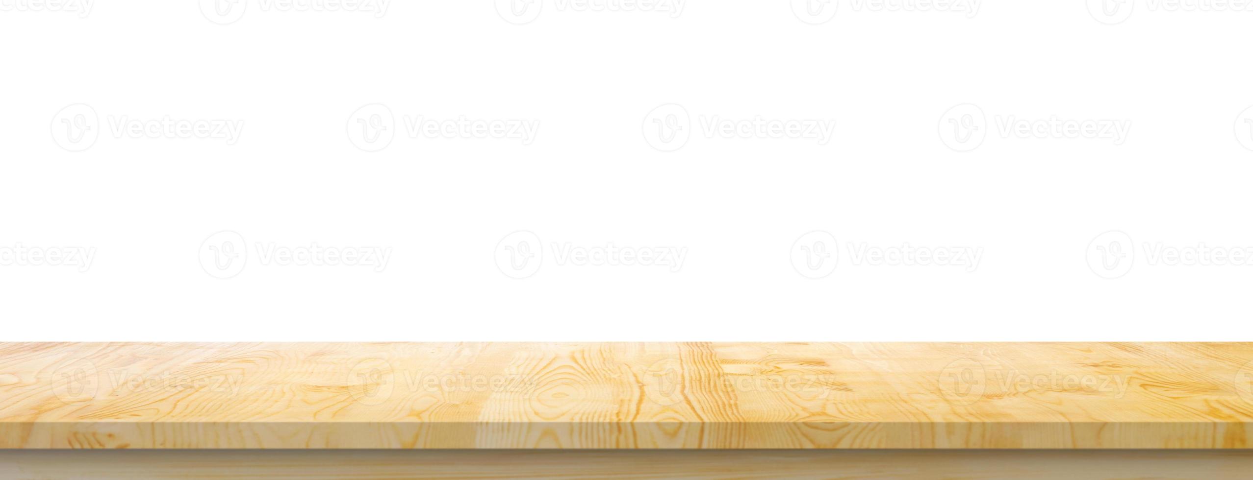 vuoto di legno tavolo superiore isolato su bianca sfondo per Prodotto Schermo montaggio foto
