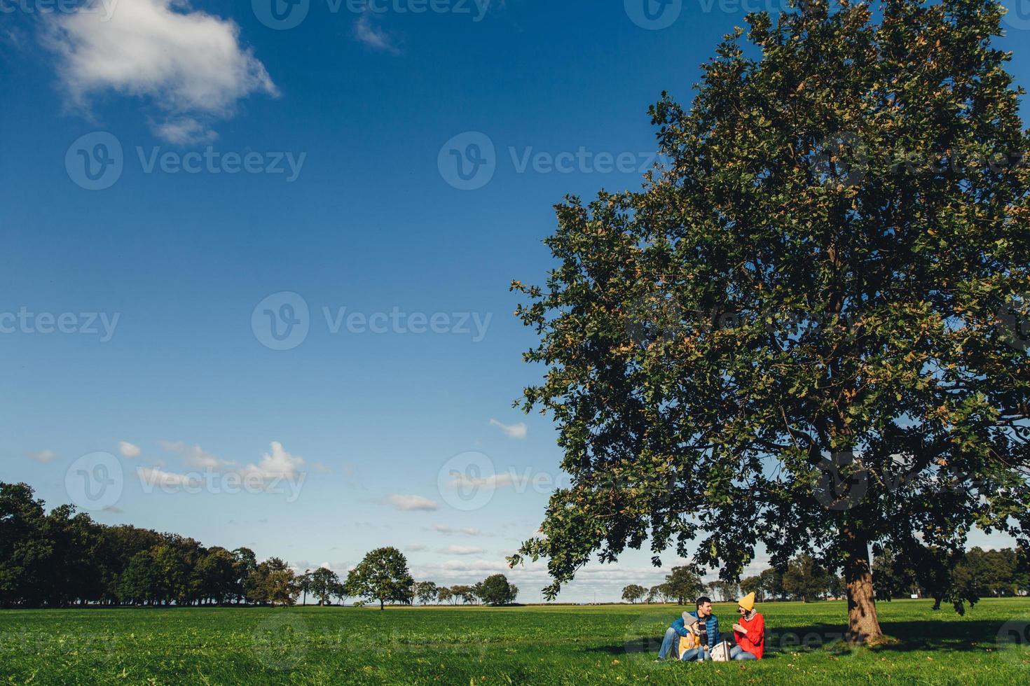 il ritratto della bella natura e della famiglia che ha un picnic sullo sfondo si siede sotto un grande albero. cielo azzurro ed erba verde. affascinante clima e paesaggi autunnali. tre persone bevono il tè all'aperto sul prato foto