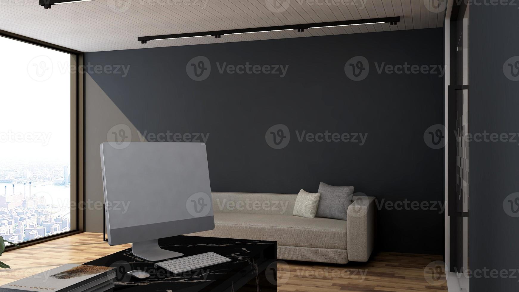 3d rendere il lato Visualizza di rilassamento la zona nel ufficio con moderno minimalista concetto foto