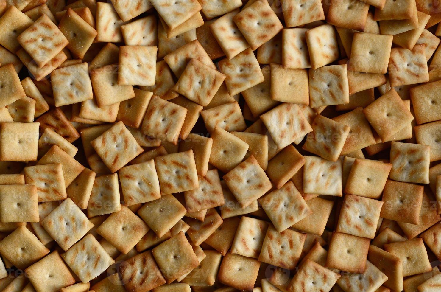 un' lotto di piccolo biscotti siamo piazza sagomato. un' modello di un' giallo sale cracker. sfondo Immagine con salato Pasticcino foto