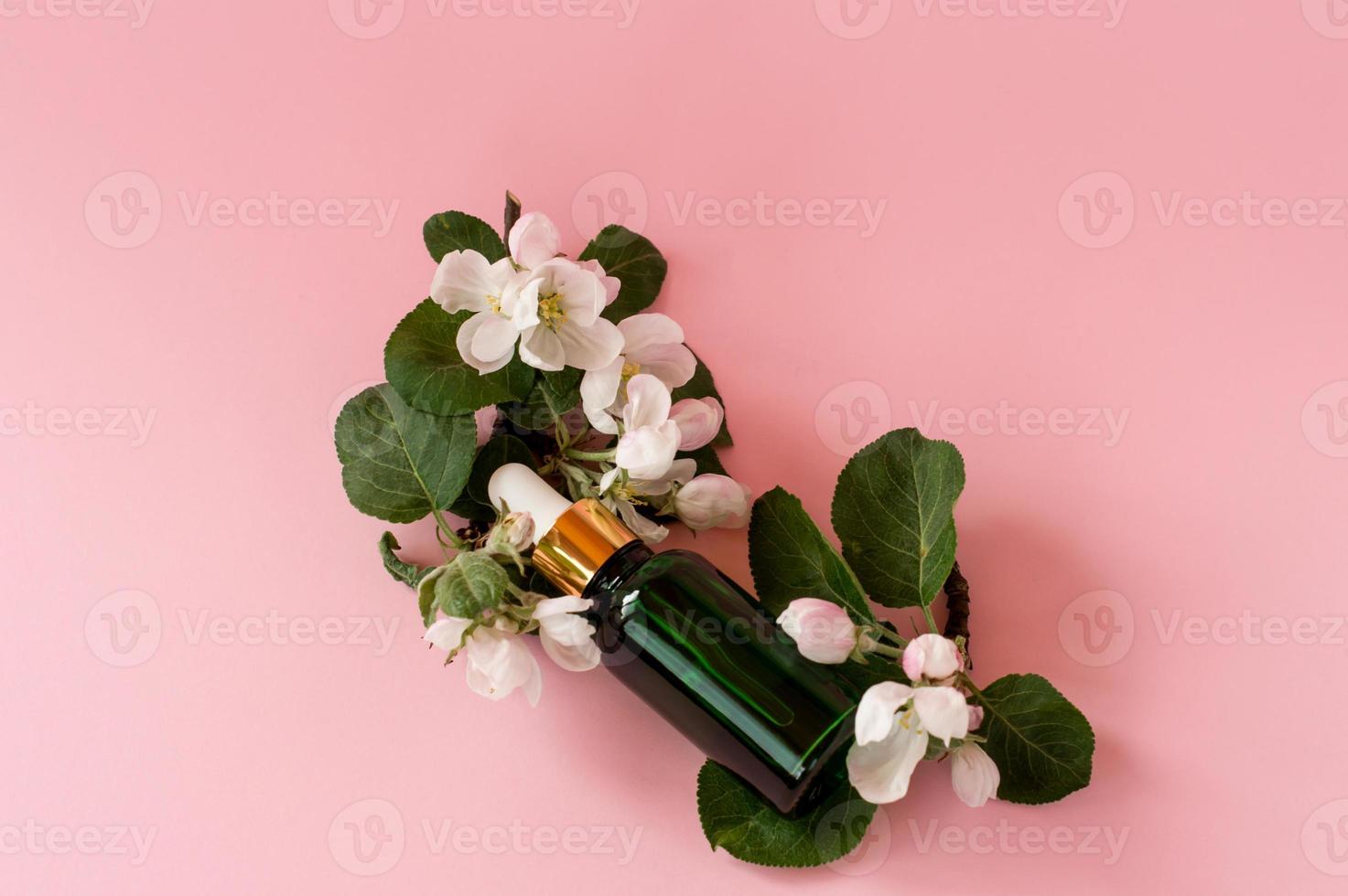 fatti in casa cura della pelle naturale essenziale olio Prodotto. rosa Mela fiori e cosmetico bicchiere bottiglia con contagocce per idratante siero, facciale toner, purificazione, trucco rimozione o trattare acne. foto