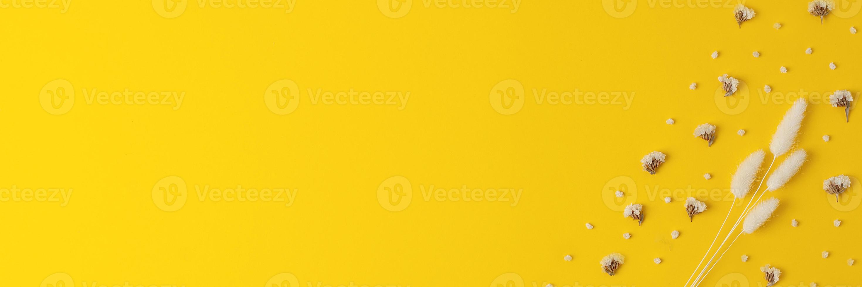 cosmetico sfondo con fiori su giallo. piatto posizione, copia spazio foto