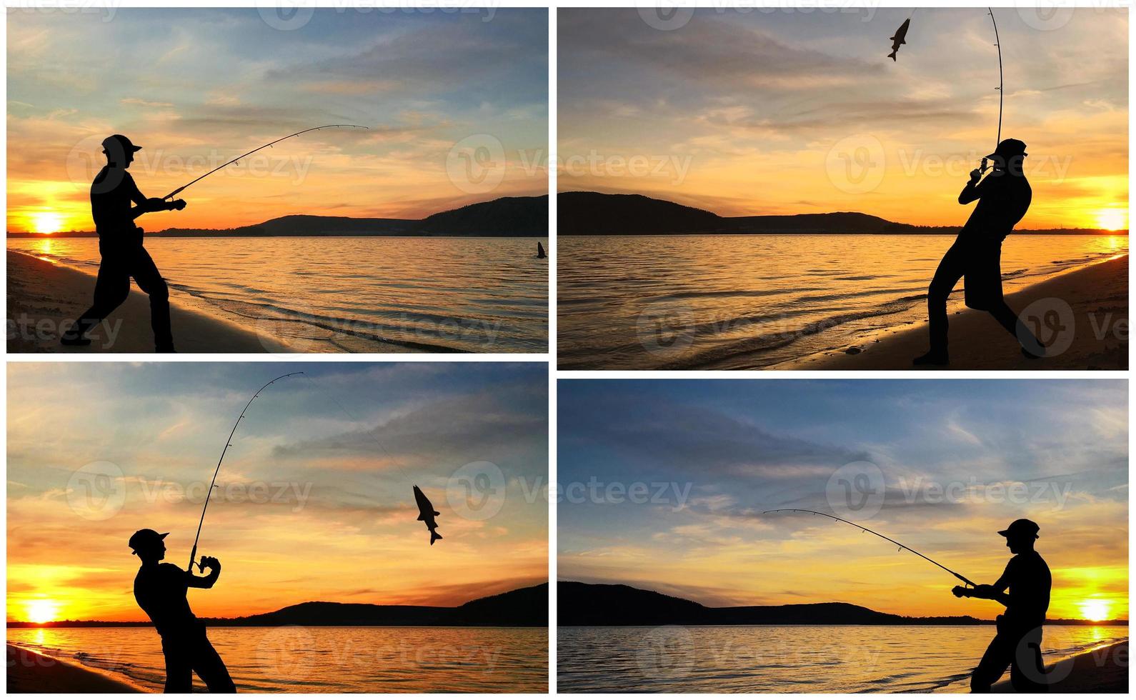 silhouette di un' uomo pesca a tramonto -collage impostato foto