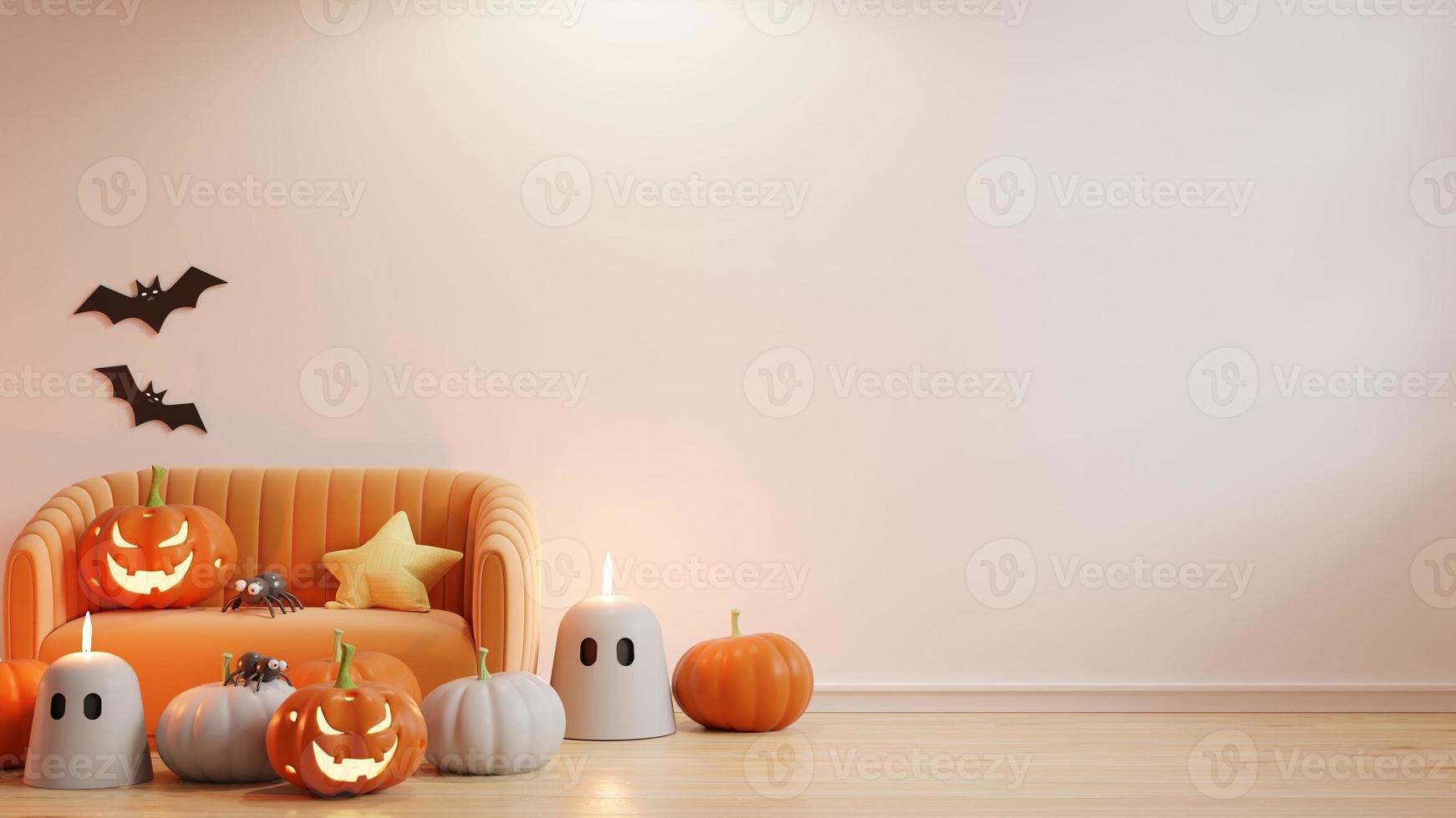 Halloween festa nel vivente camera con arancia divano e Accessori decorazione festa. 3d illustrazione interpretazione foto