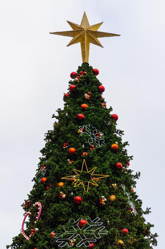 stella ornamento mette su il superiore di grande Natale albero con colorato palline e altro ornamenti. foto