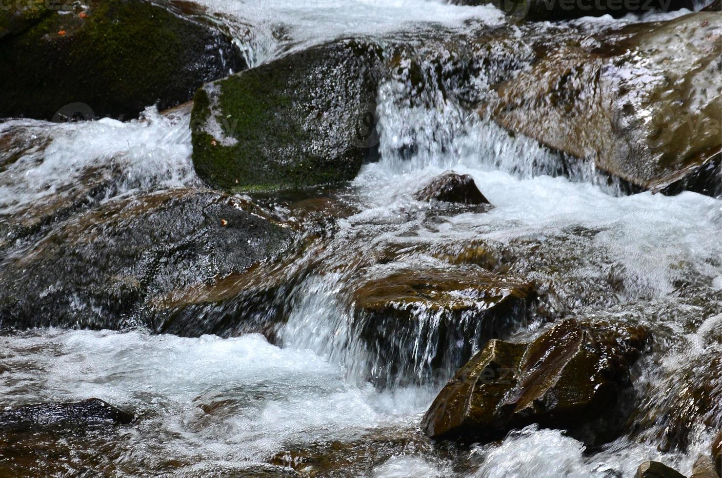 avvicinamento Immagine di un' piccolo selvaggio cascata nel il modulo di corto flussi di acqua fra montagna pietre foto