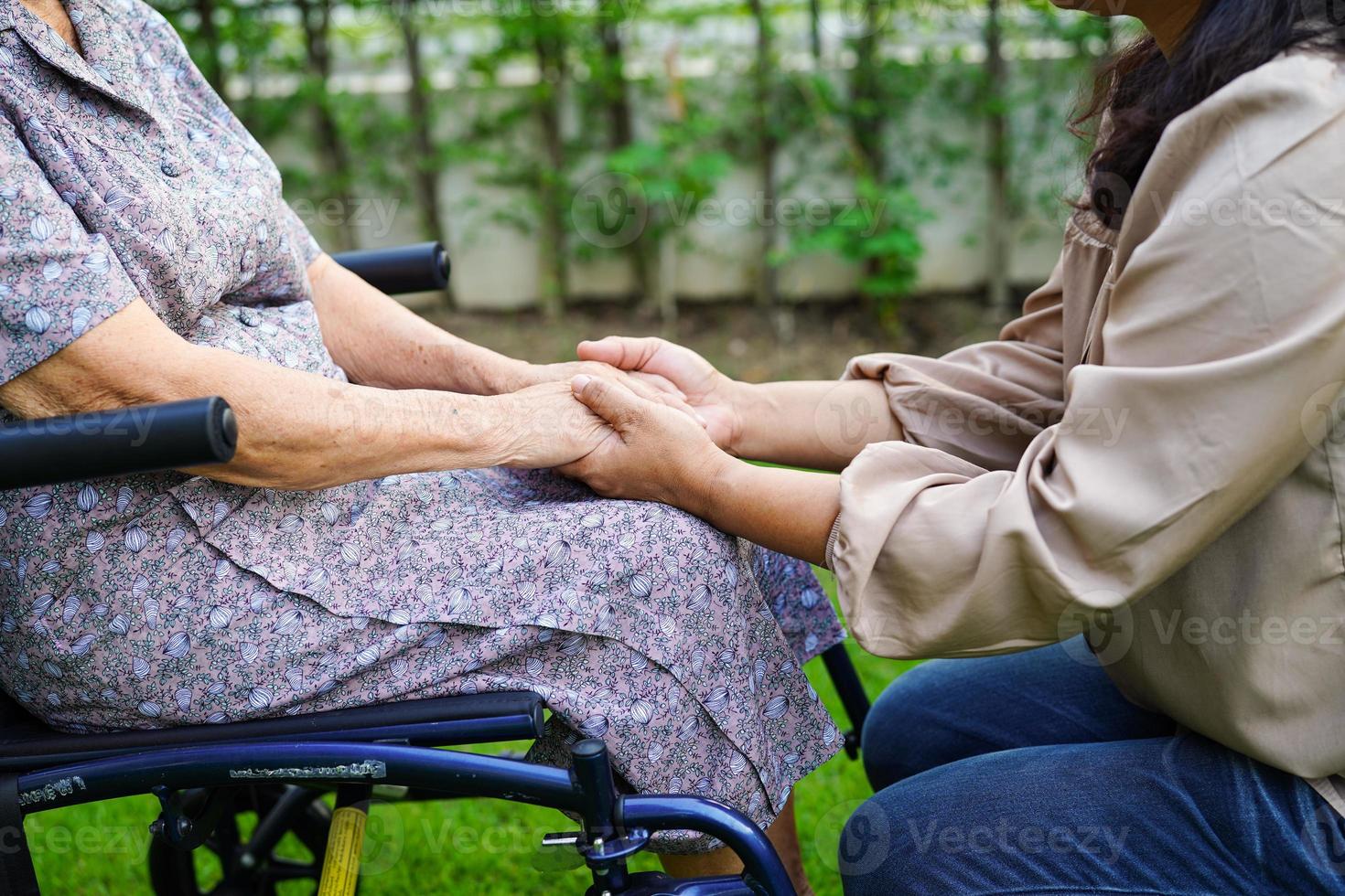 il caregiver aiuta il paziente con disabilità della donna anziana asiatica seduto su una sedia a rotelle nel parco, concetto medico. foto