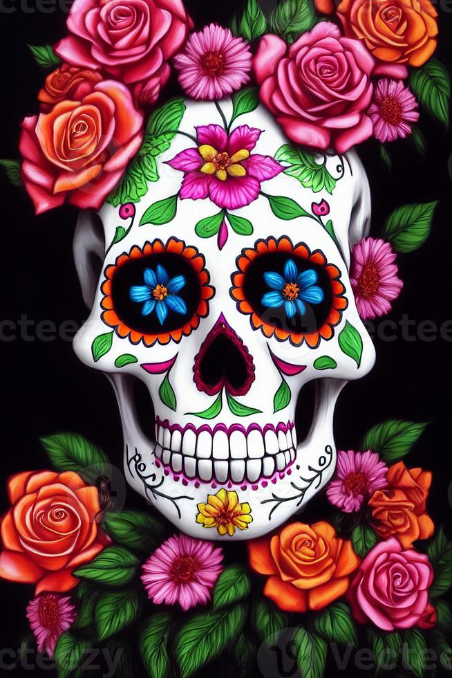 dia de los muertos tradizionale Calavera zucchero cranio decorato con fiori il giorno di il morto illustrazione foto