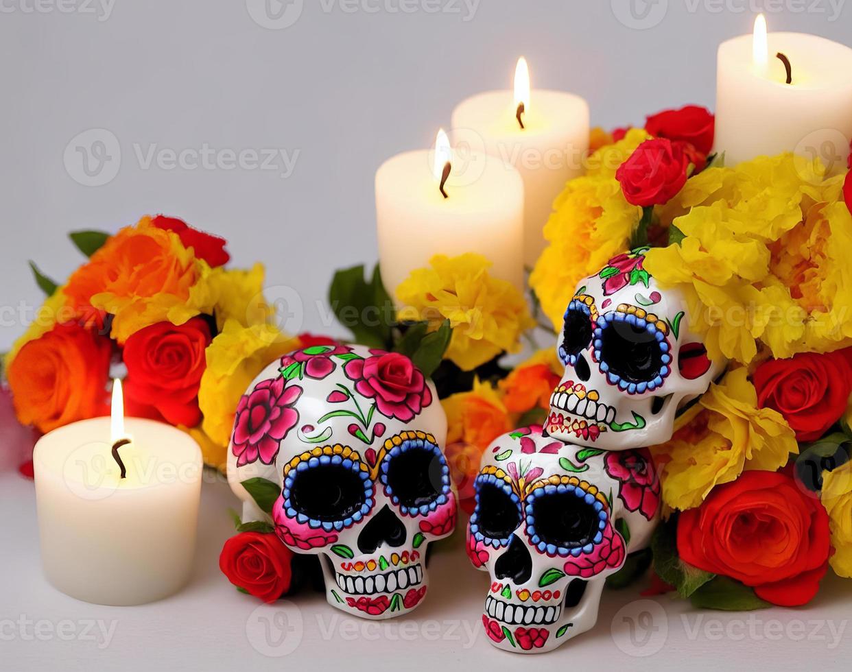 dia de los muertos messicano giorno di il morto tavolo composizione con teschio, candele, fiori foto