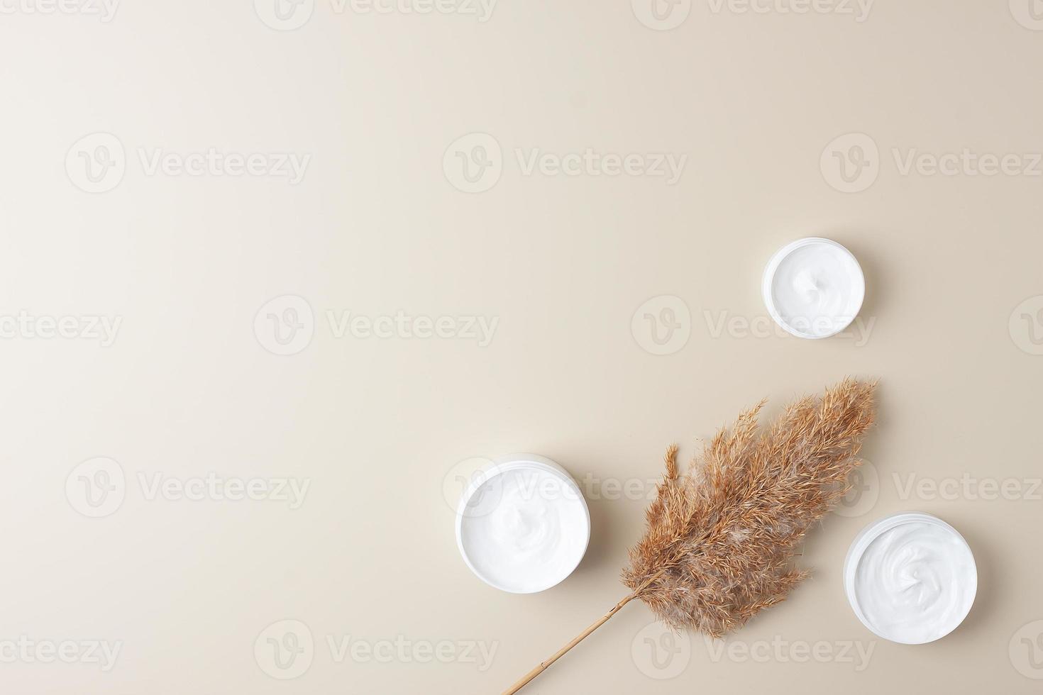 barattoli di cosmetico crema con pampa su pastello beige sfondo. piatto posizione, copia spazio foto