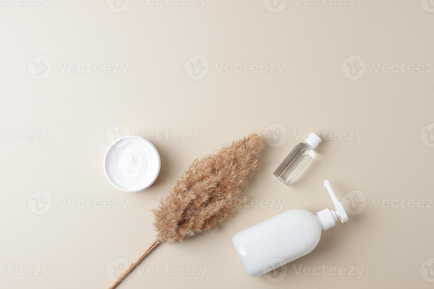 cosmetico pelle cura prodotti con pampa su pastello beige sfondo. piatto posizione, copia spazio foto