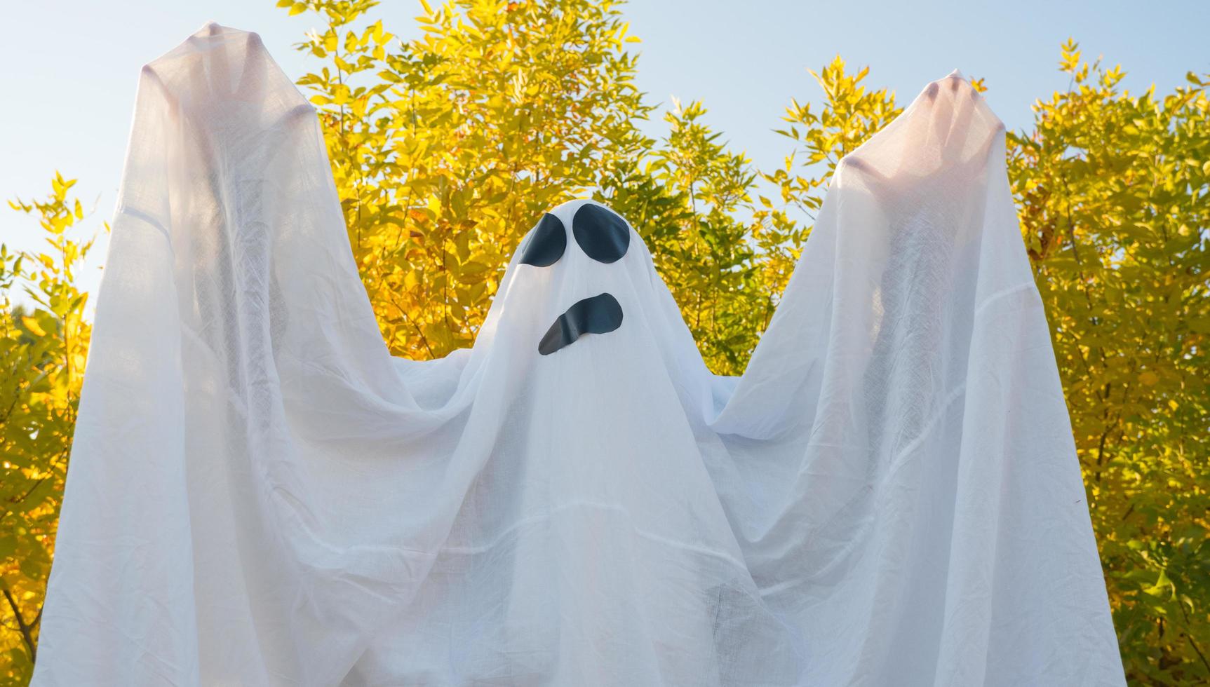 Halloween fantasma, danza nel il autunno giallo foresta, agitando il suo mani. un' allegro fantasma nel un' bianca foglio. foto