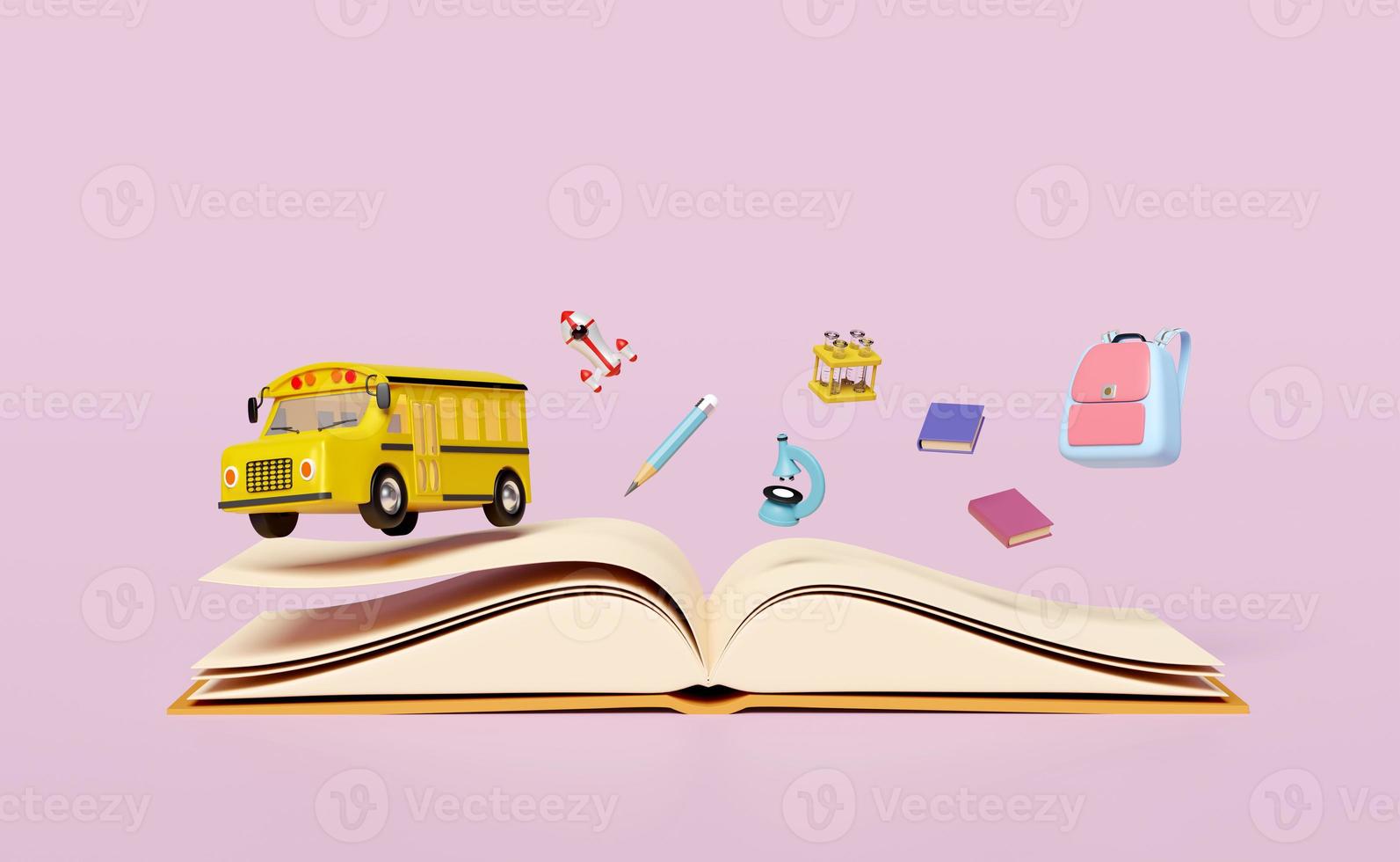 3d giallo scuola autobus cartone animato cartello icona, veicolo per trasporto studenti isolato su rosa sfondo. Accessori con microscopio, Aperto prenotare, Borsa, matita, scuola forniture, indietro per scuola 3d rendere foto