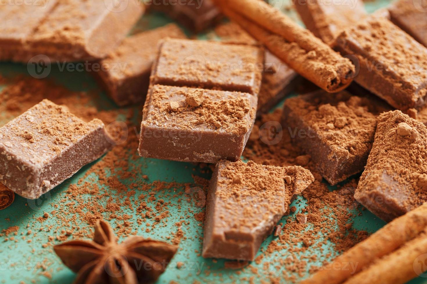 latte cioccolato con spezie e cacao su un' verde sfondo. foto